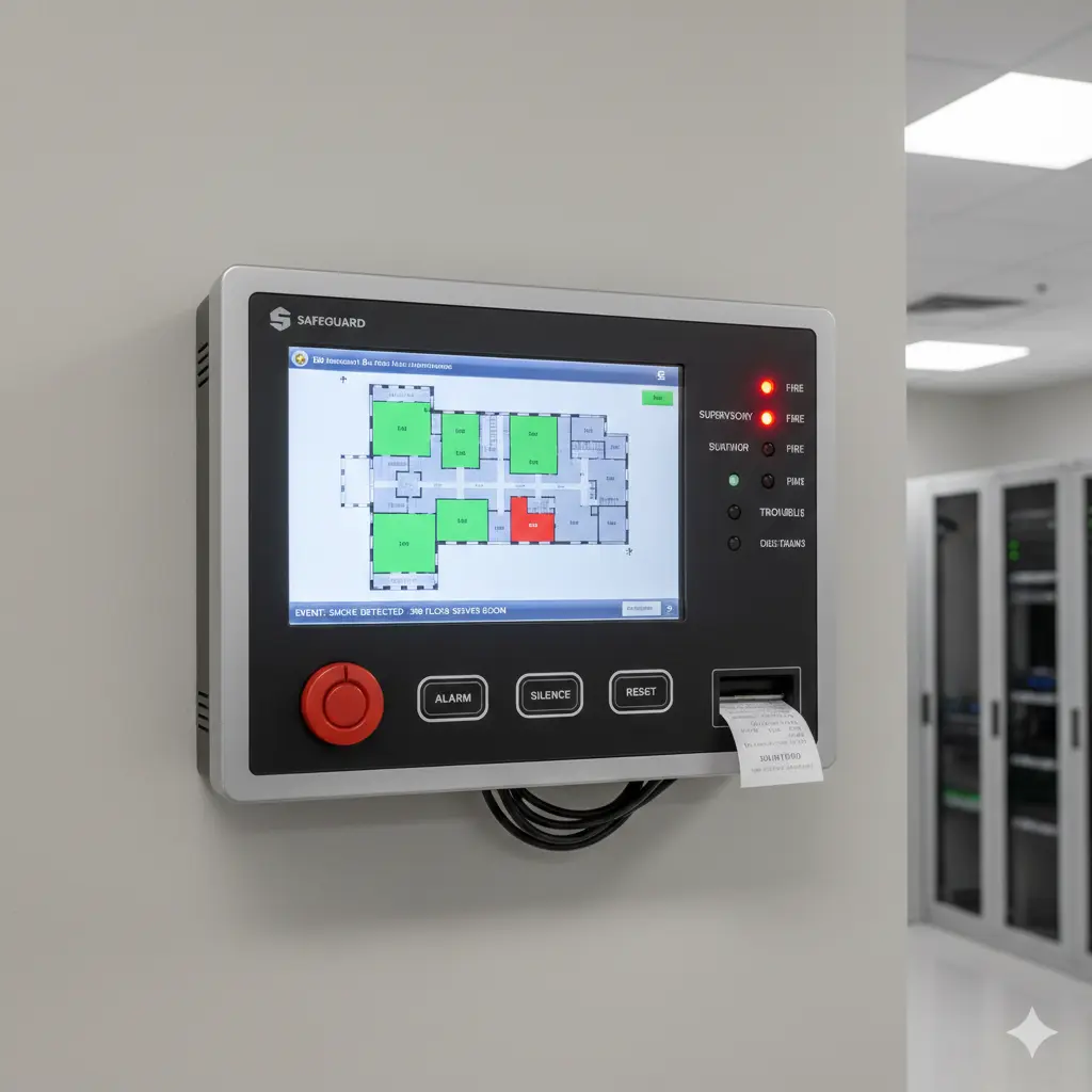 A sleek, wall-mounted modern fire alarm control panel with a digital touchscreen displaying a building floor plan with a red highlighted area indicating a smoke detection in a "SERVER ROOM." The panel also has physical buttons for "ALARM," "SILENCE," and "RESET," a large red emergency button, and indicator lights labeled "FIRE," "SUPERVISORY," "ALARM," "TROUBLE," and "DELAYED." A small paper printout is emerging from a slot on the right side of the panel. The background shows part of a server room with racks of equipment.