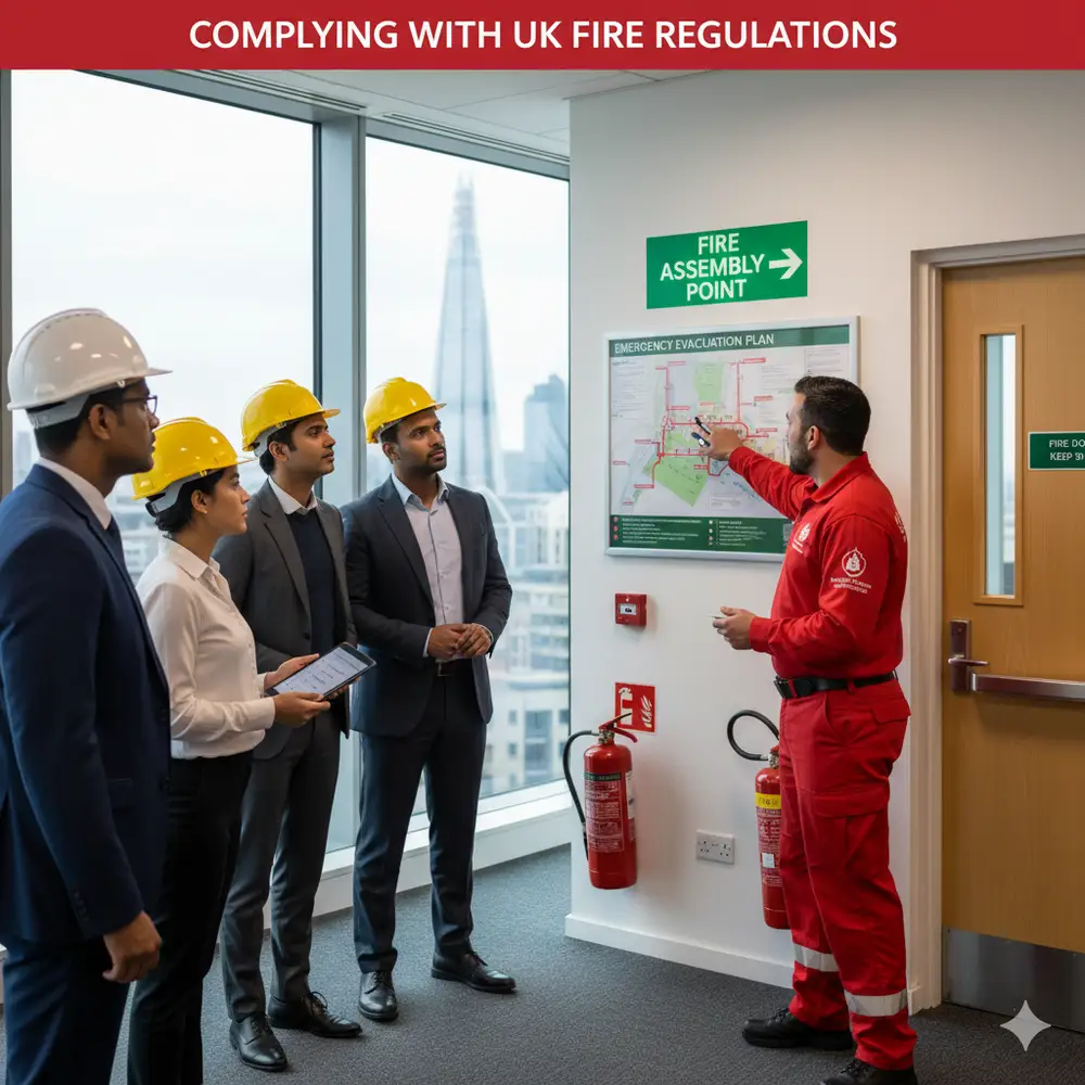 A diverse group of four professionals in hard hats and business attire stand in an office with large windows overlooking a city, listening attentively to a fire safety officer in a red uniform. The officer is pointing to an emergency evacuation plan displayed on a wall, next to a "FIRE ASSEMBLY POINT" sign and fire extinguishers. The text "COMPLYING WITH UK FIRE REGULATIONS" is overlaid at the top of the image.