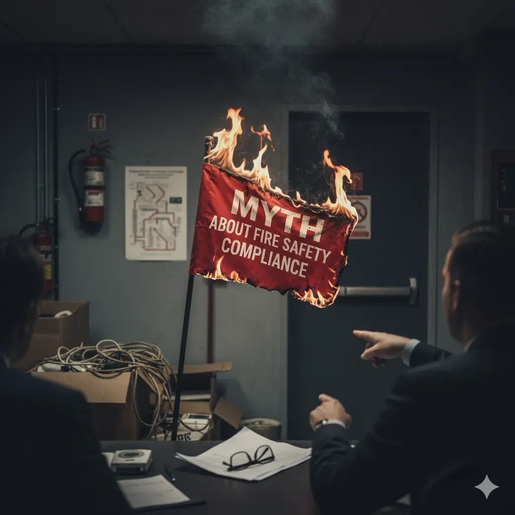 Two business people in an office looking at a small red flag that is on fire, with the words "MYTH ABOUT FIRE SAFETY COMPLIANCE" visible on it, symbolizing common misunderstandings being debunked. A fire extinguisher and fire escape plan are on the wall in the background.
