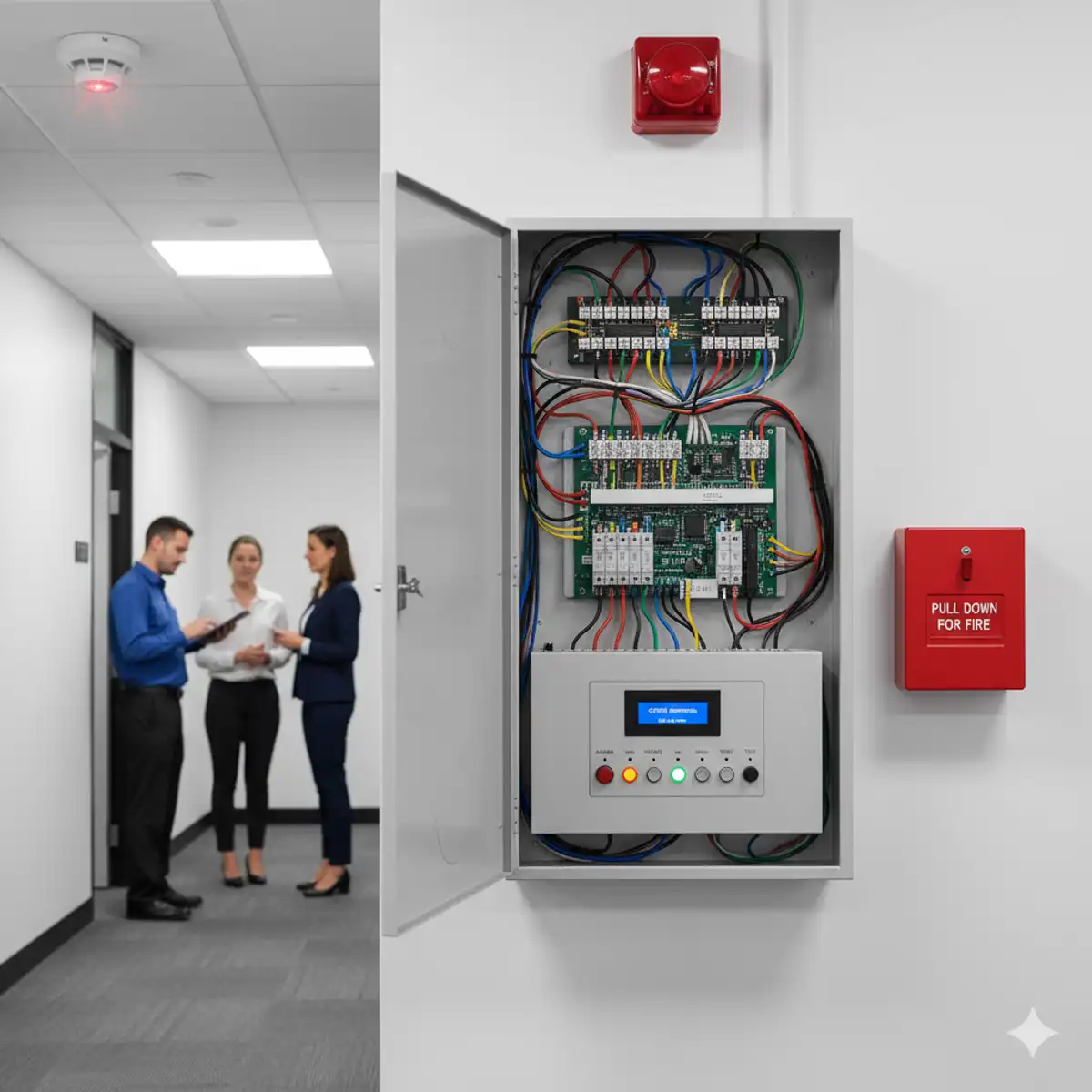 A fire alarm control panel with its cover open, revealing complex wiring and circuit boards, is mounted on a white wall. To its right is a red fire alarm pull station and a red fire alarm bell above it. To the left, a hallway extends into the background where three business professionals are conversing. A smoke detector with a blinking red light is visible on the ceiling of the hallway.
