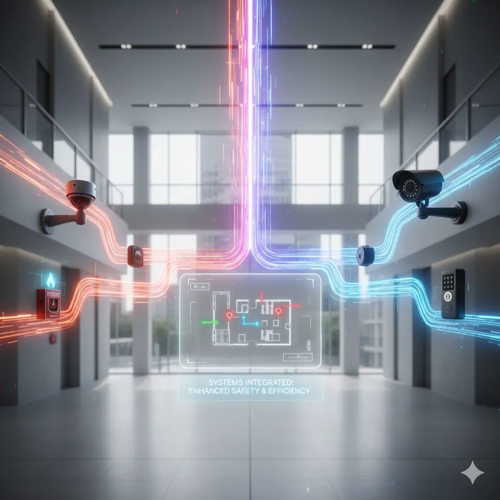 A futuristic, abstract depiction of fire alarms (represented by red glowing lines and a fire extinguisher icon) and security cameras and access control (represented by blue glowing lines and a keycard reader icon) interconnected. Both sets of systems converge and merge into a central holographic blueprint of a building, symbolising their integration for enhanced safety and efficiency. The background is a clean, modern building interior with windows.