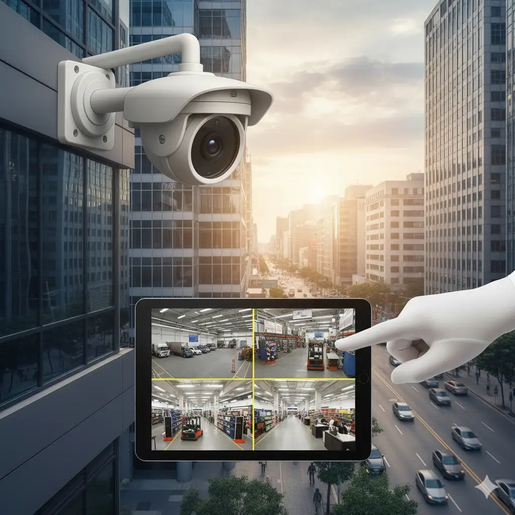 A modern CCTV camera on an office building, with a hand holding a tablet showing interior security feeds.