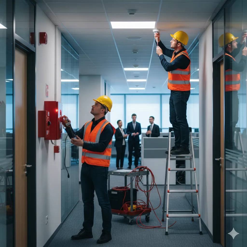 A technician on a stepladder tests a ceiling-mounted smoke detector while another technician inspects a red fire alarm panel on the wall of a modern office hallway.