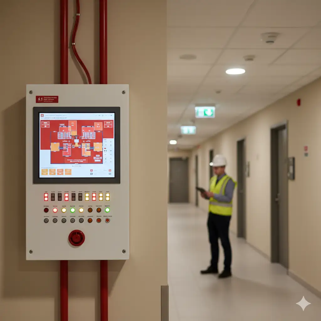 A modern fire alarm system control panel on a wall, displaying a building floor plan on its screen. In the blurred background, a technician in a hard hat and safety vest stands in a building corridor, holding a tablet.