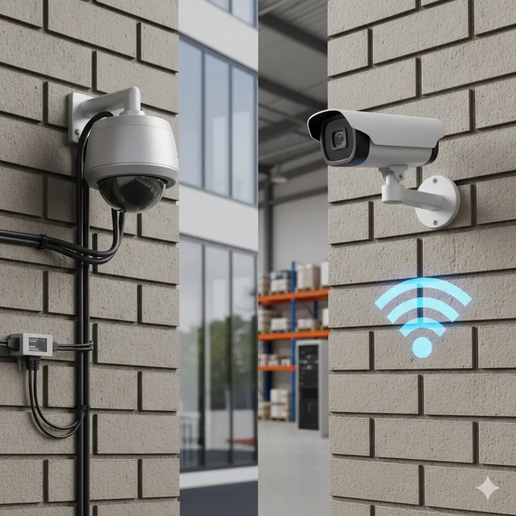 A side-by-side view of two security cameras mounted on exterior brick walls: on the left, a dome-style wired camera with visible cables running into a junction box; on the right, a bullet-style wireless camera marked with a glowing blue Wi-Fi symbol. A warehouse interior with shelves and equipment is visible in the background.