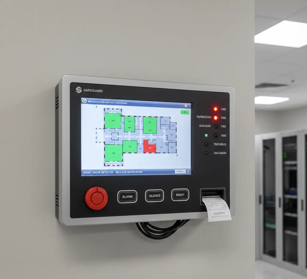 A sleek, wall-mounted modern fire alarm control panel with a digital touchscreen displaying a warehouse floor plan with a red highlighted area indicating a smoke detection in a "SERVER ROOM." The panel also has physical buttons for "ALARM," "SILENCE," and "RESET," a large red emergency button, and indicator lights labeled "FIRE," "SUPERVISORY," "ALARM," "TROUBLE," and "DELAYED." A small paper printout is emerging from a slot on the right side of the panel. The background shows part of a server room with racks of equipment.