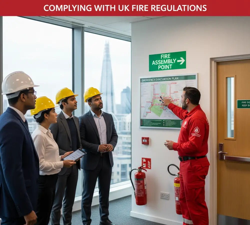 A diverse group of four professionals in hard hats and business attire stand in a warehouse with large windows overlooking a city, listening attentively to a fire safety officer in a red uniform. The officer is pointing to an emergency evacuation plan displayed on a wall, next to a "FIRE ASSEMBLY POINT" sign and fire extinguishers. The text "COMPLYING WITH UK FIRE REGULATIONS" is overlaid at the top of the image.