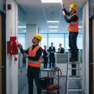 workers testing fire alarms